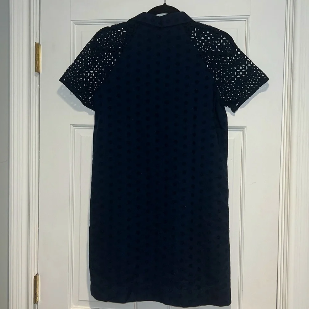 J. Crew Cotton Eyelet Dress w/Collar and Hidden Button Placket Size 4P Navy - Picture 8 of 14